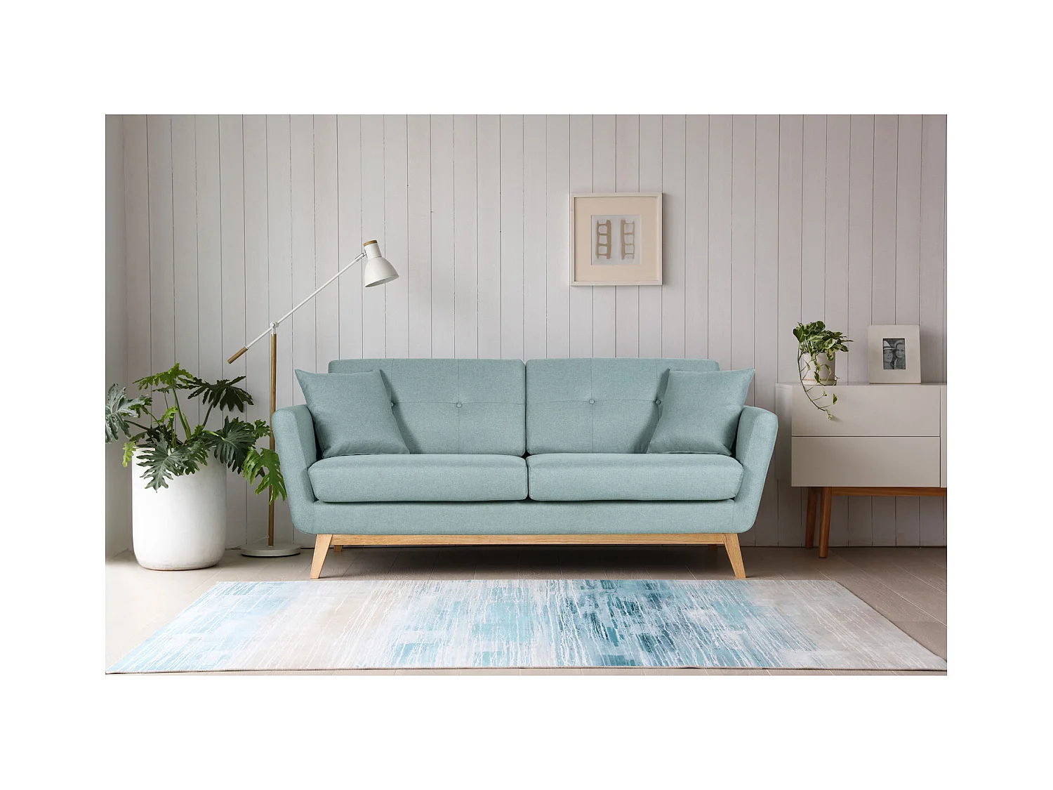 Canapé scandinave 3 places et 2 coussins en tissu vert d'eau HOGA