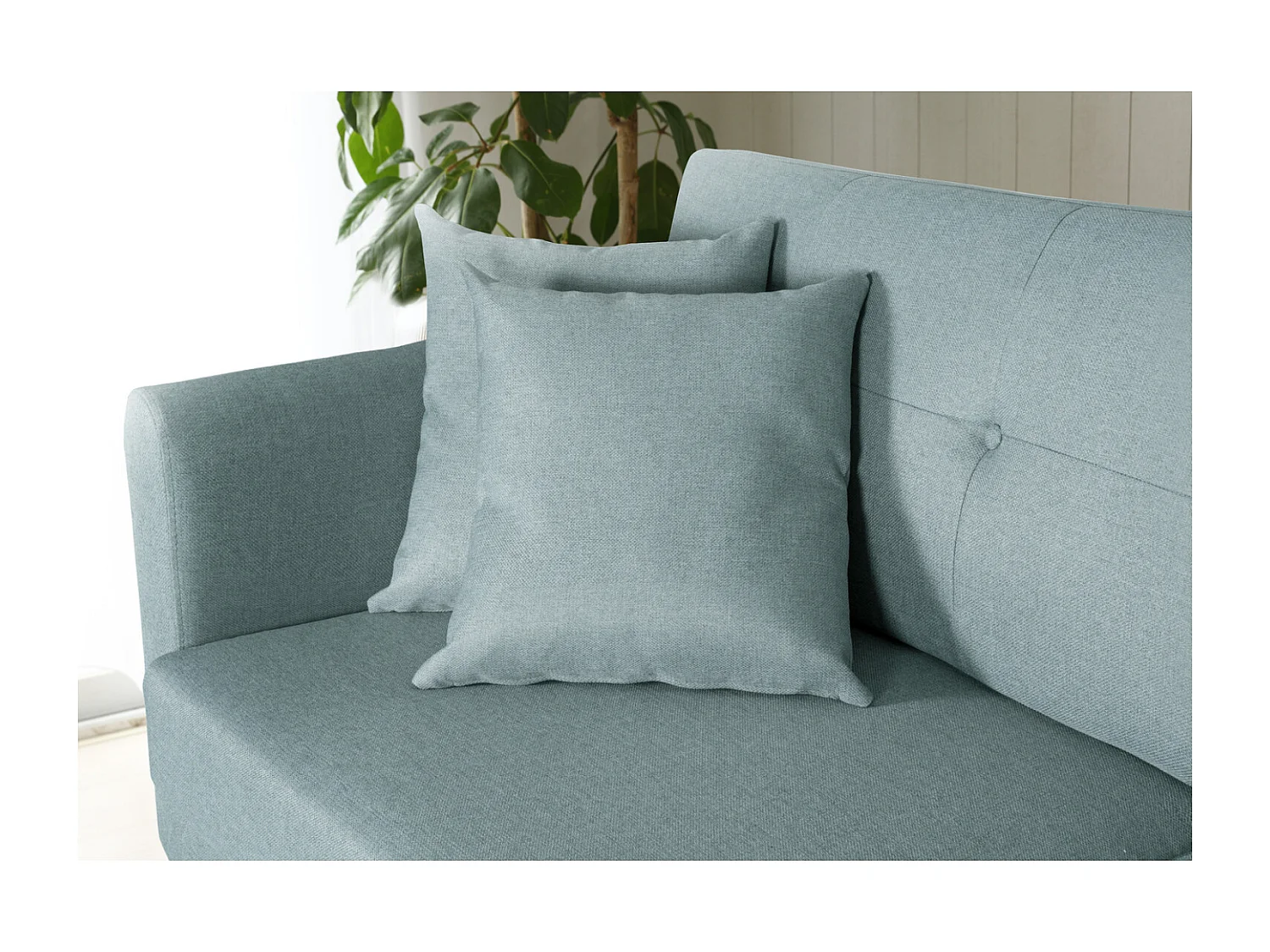 Canapé scandinave 3 places et 2 coussins en tissu vert d'eau HOGA