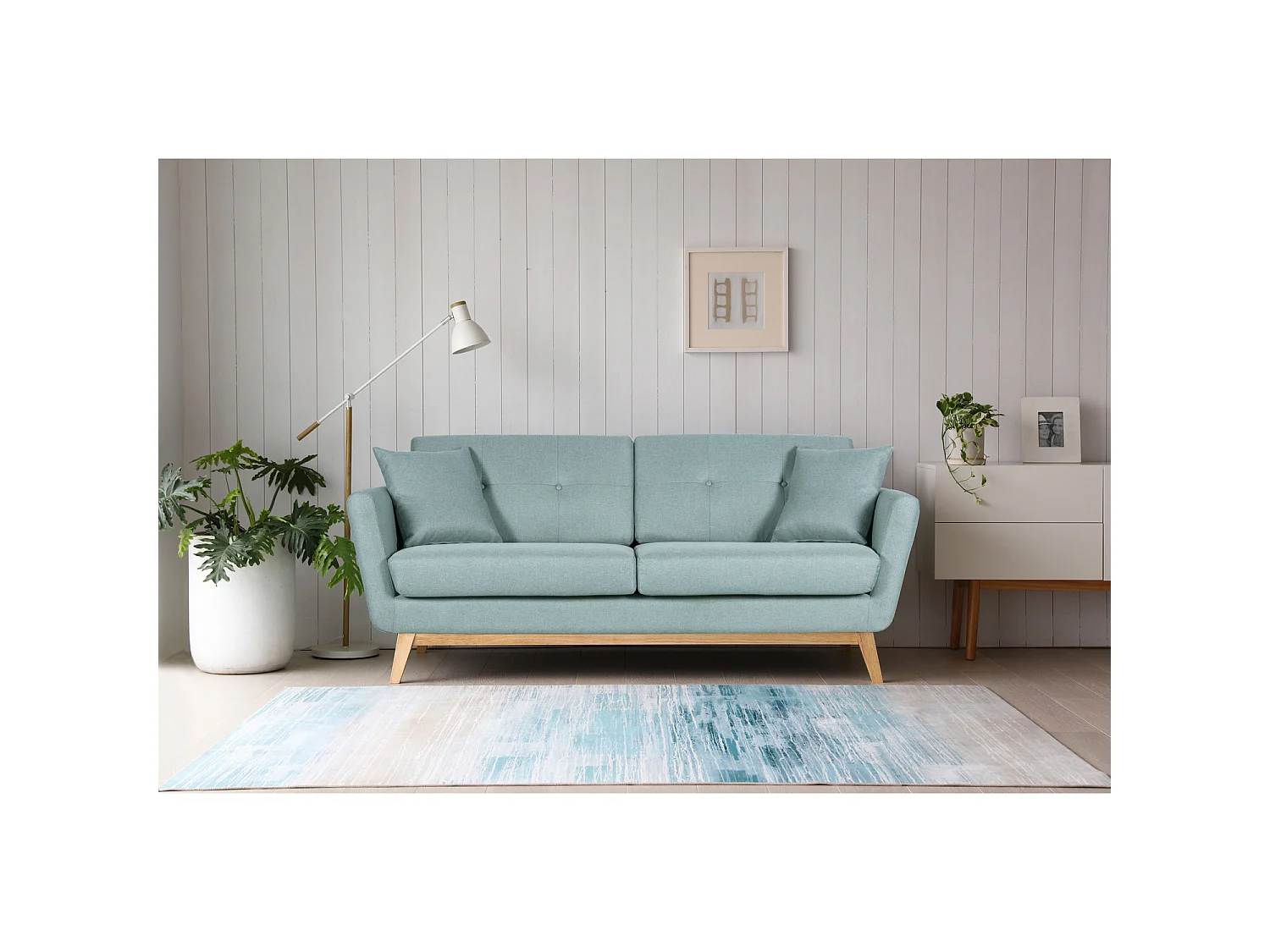 Canapé 3 places scandinave et 2 coussins en tissu vert d'eau HOGA