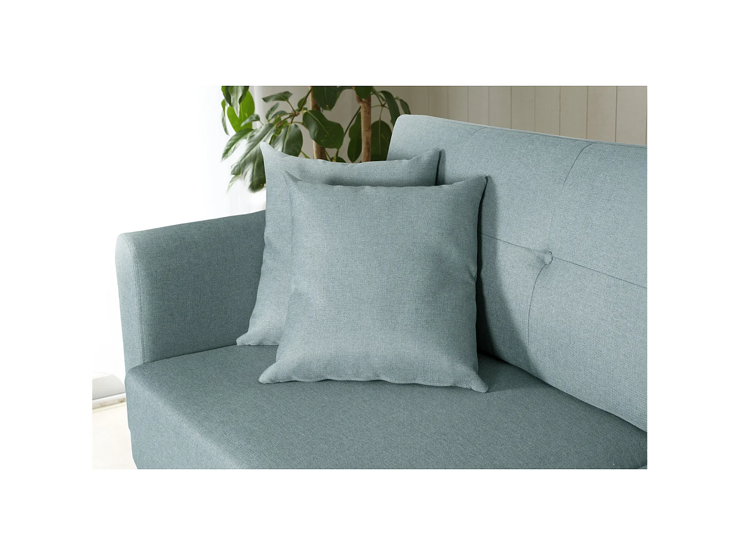 Canapé 3 places scandinave et 2 coussins en tissu vert d'eau HOGA