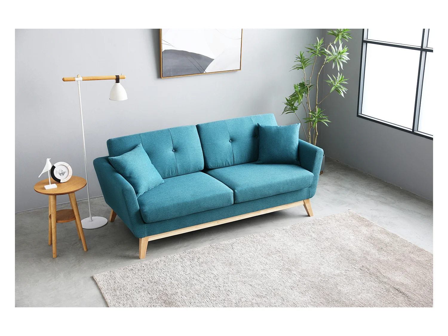 Divano scandinavo 3 posti e 2 cuscini tessuto blu HOGA