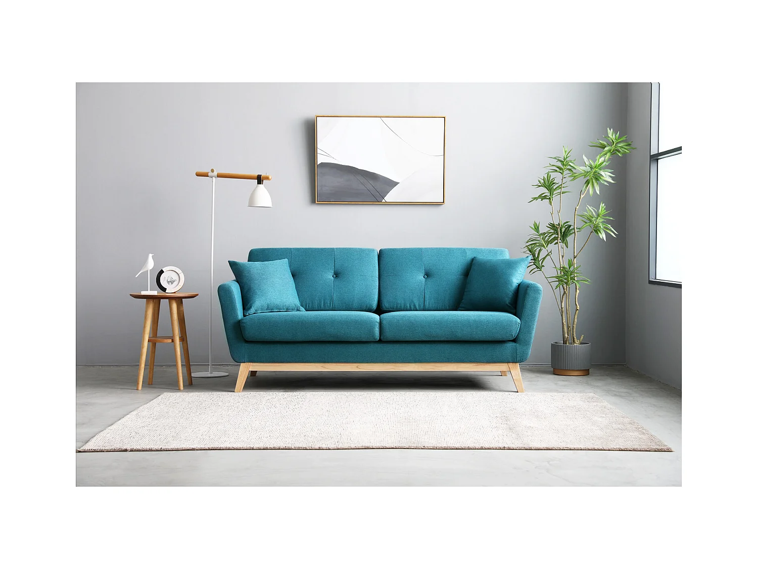 Canapé scandinave 3 places et 2 coussins en tissu bleu canard HOGA
