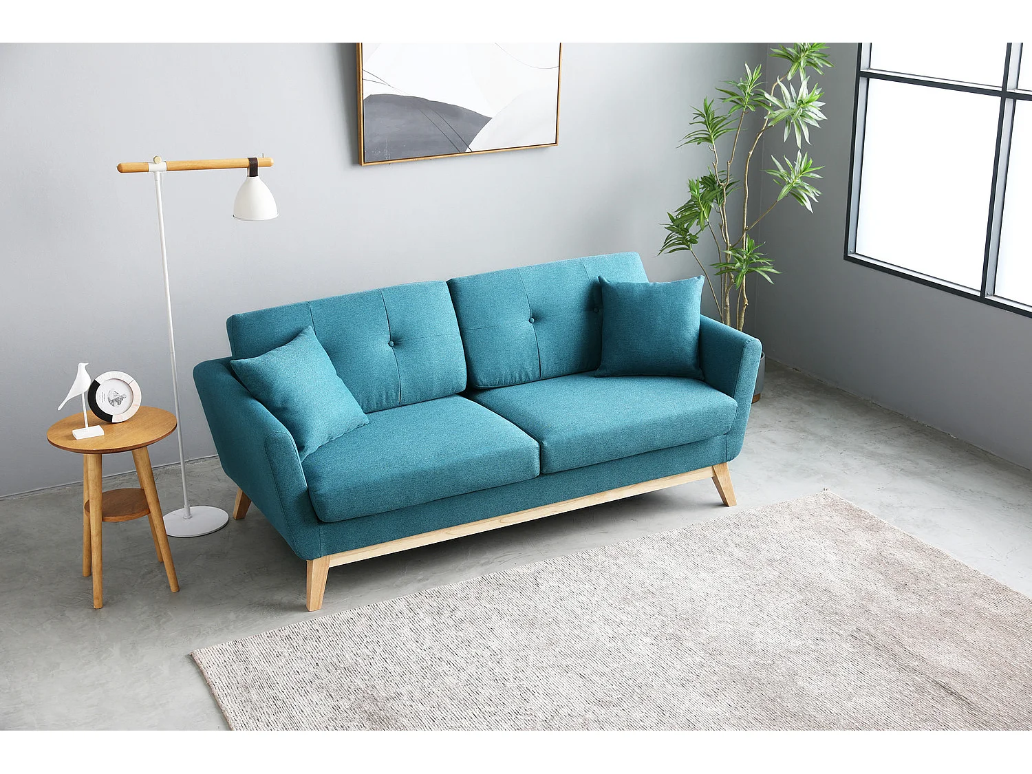 Canapé scandinave 3 places et 2 coussins en tissu bleu canard HOGA