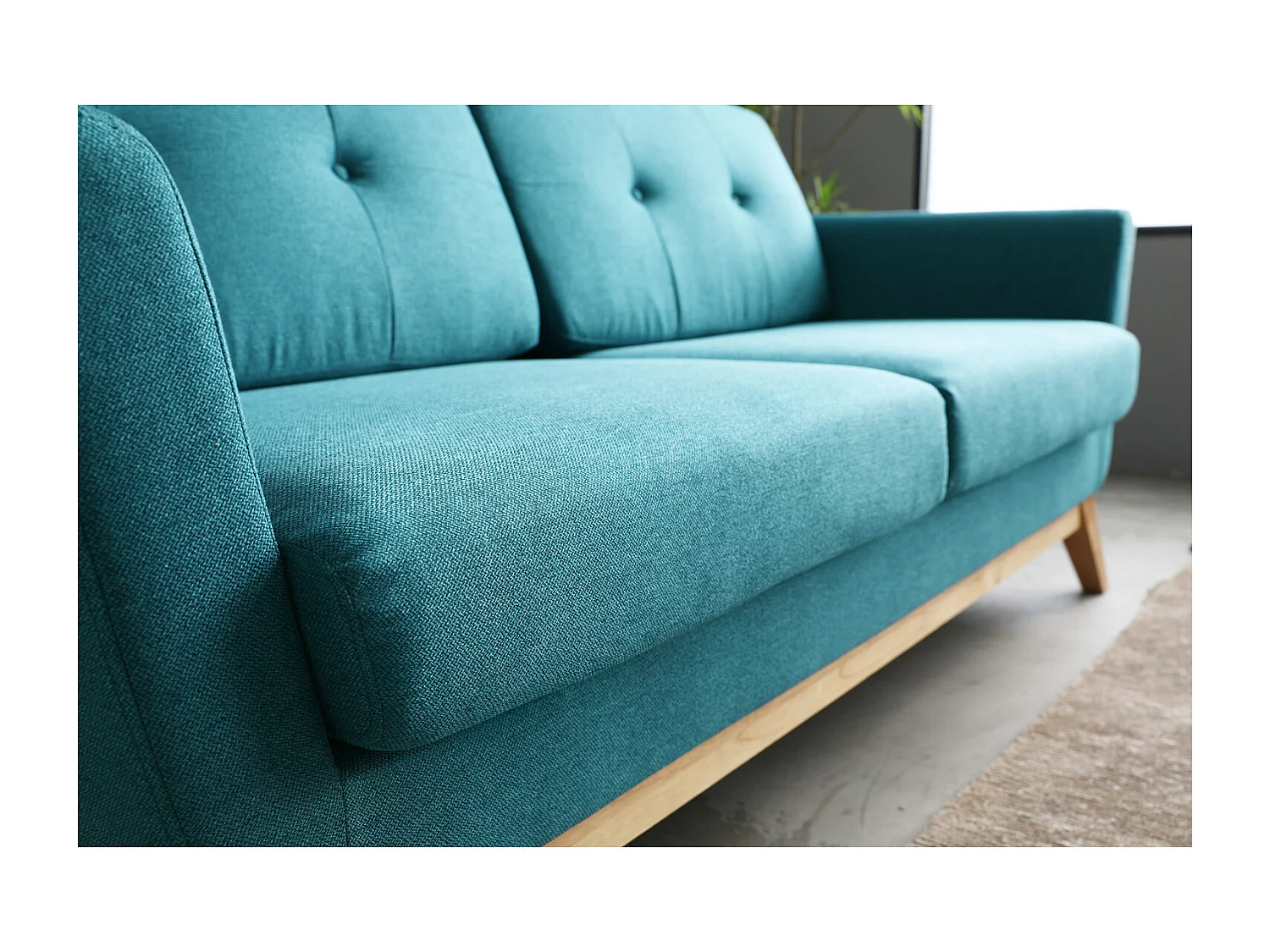 Canapé scandinave 3 places et 2 coussins en tissu bleu canard HOGA