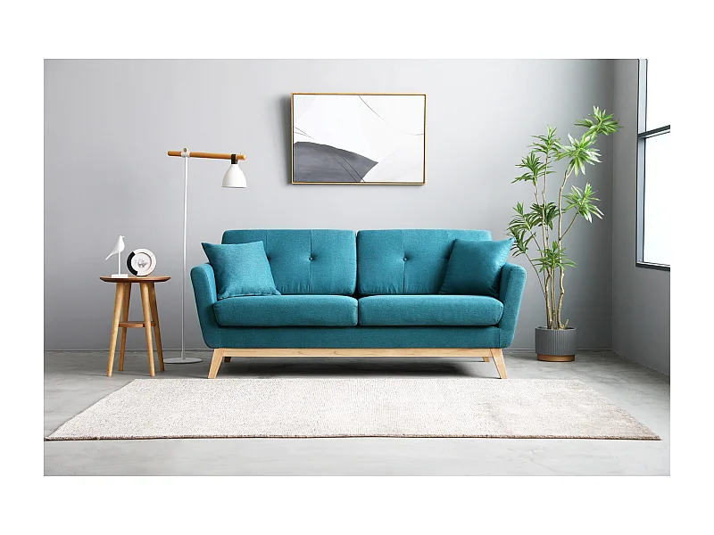 Canapé scandinave 3 places et 2 coussins en tissu bleu canard HOGA