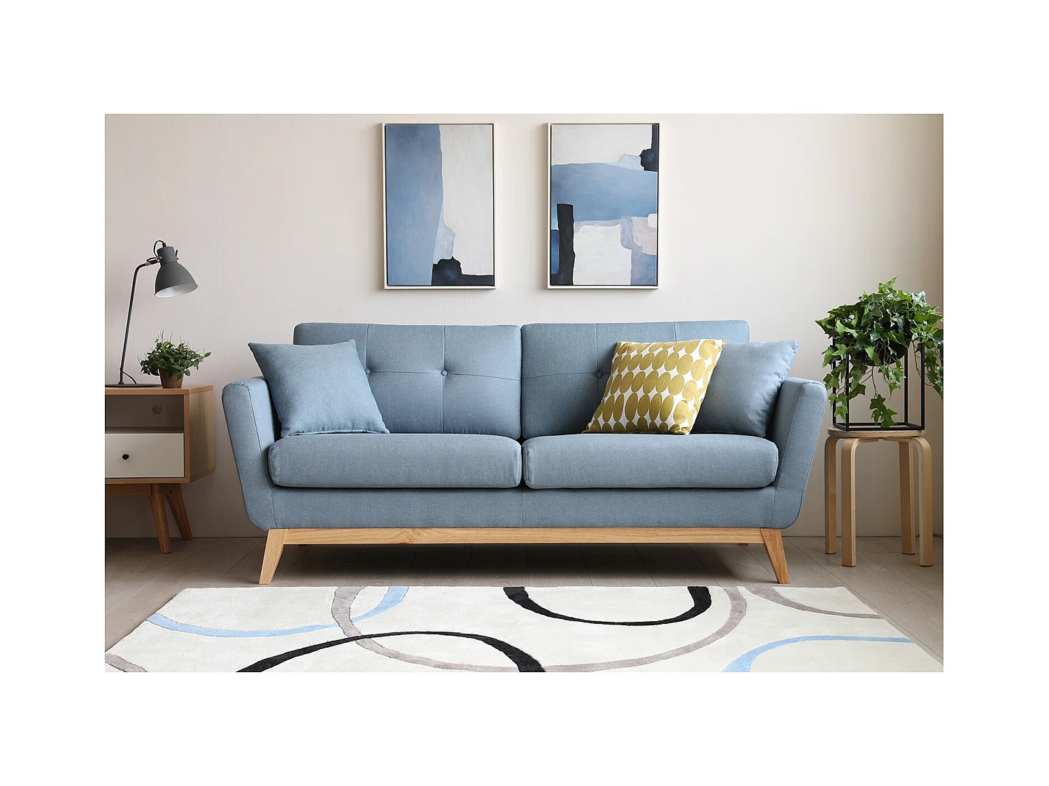 Canapé scandinave 3 places en tissu bleu pastel HOGA