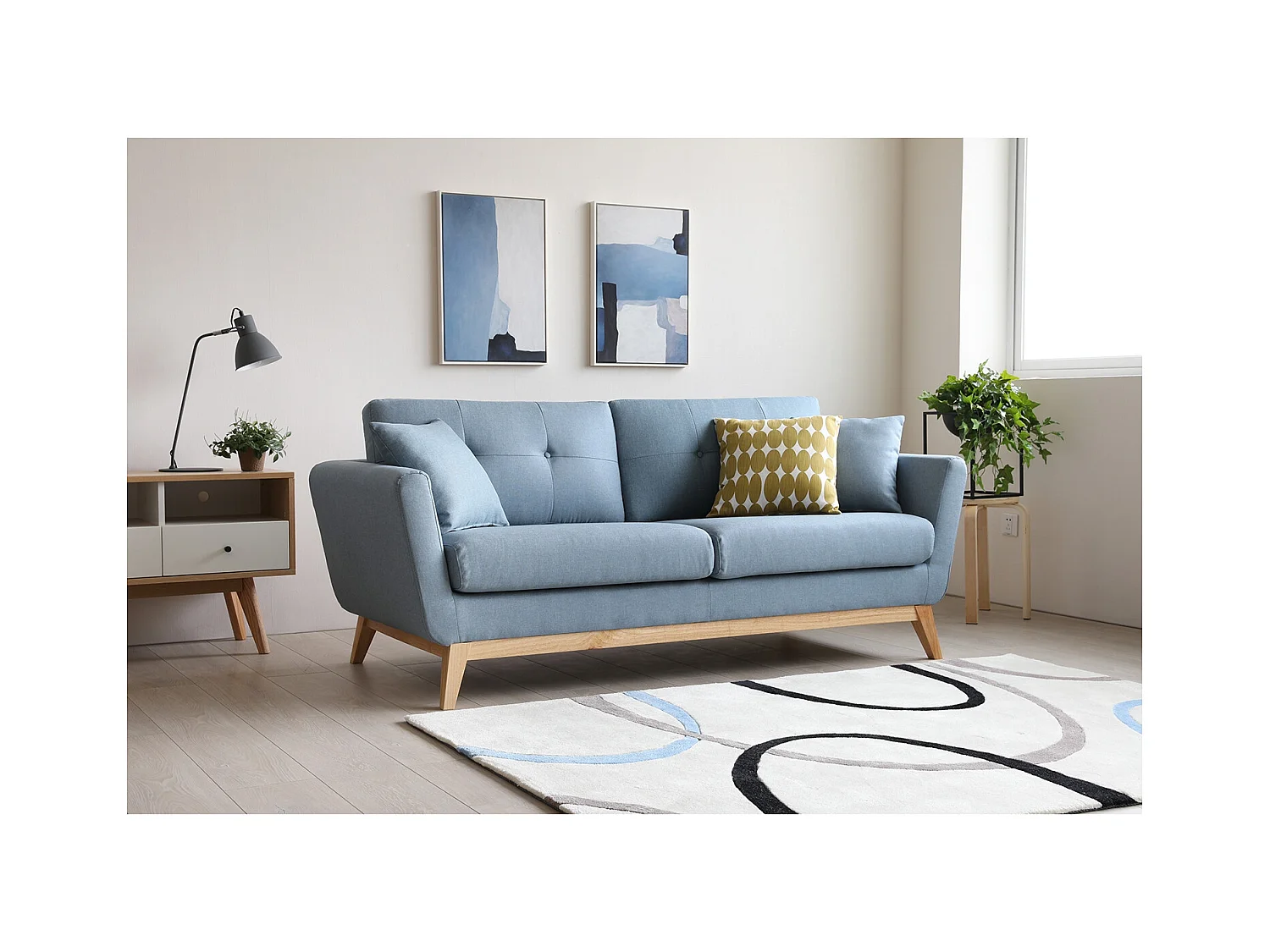 Canapé scandinave 3 places en tissu bleu pastel HOGA