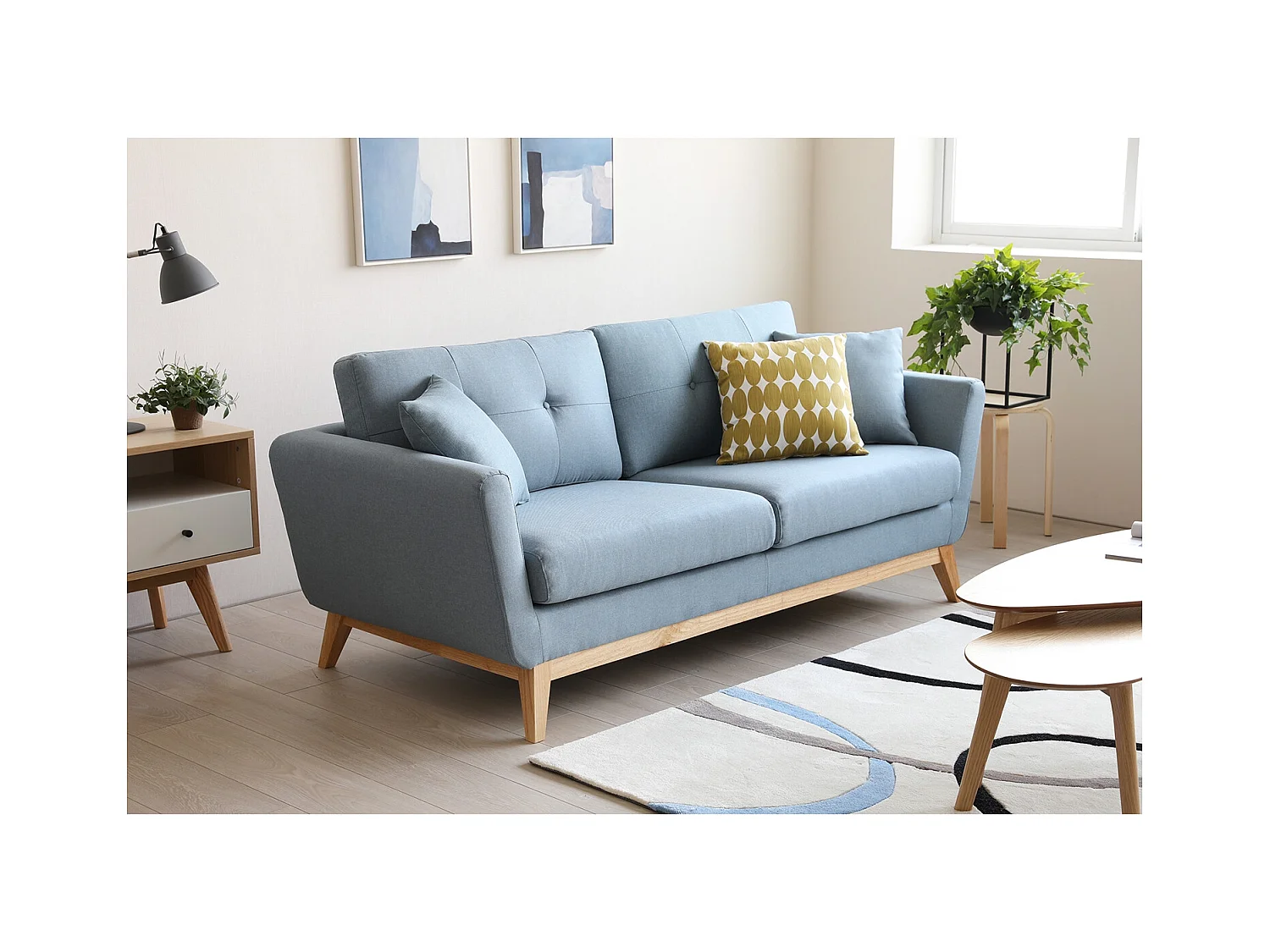 Canapé scandinave 3 places en tissu bleu pastel HOGA