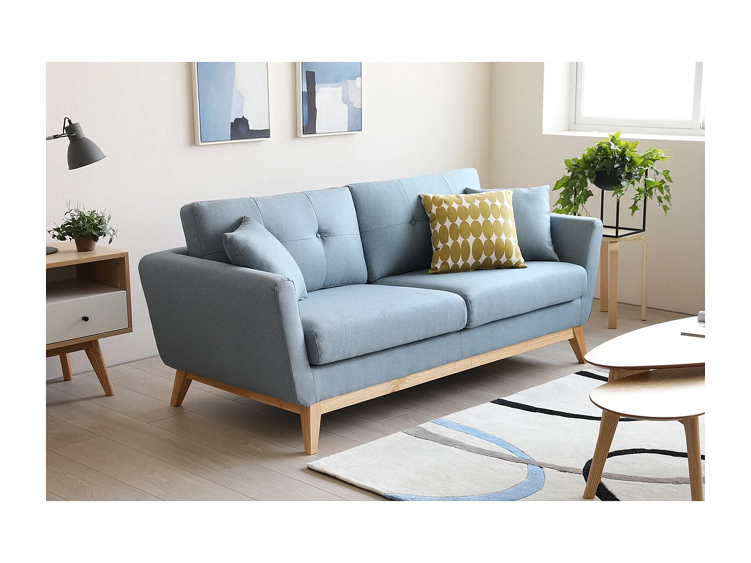 Canapé scandinave 3 places en tissu bleu pastel HOGA