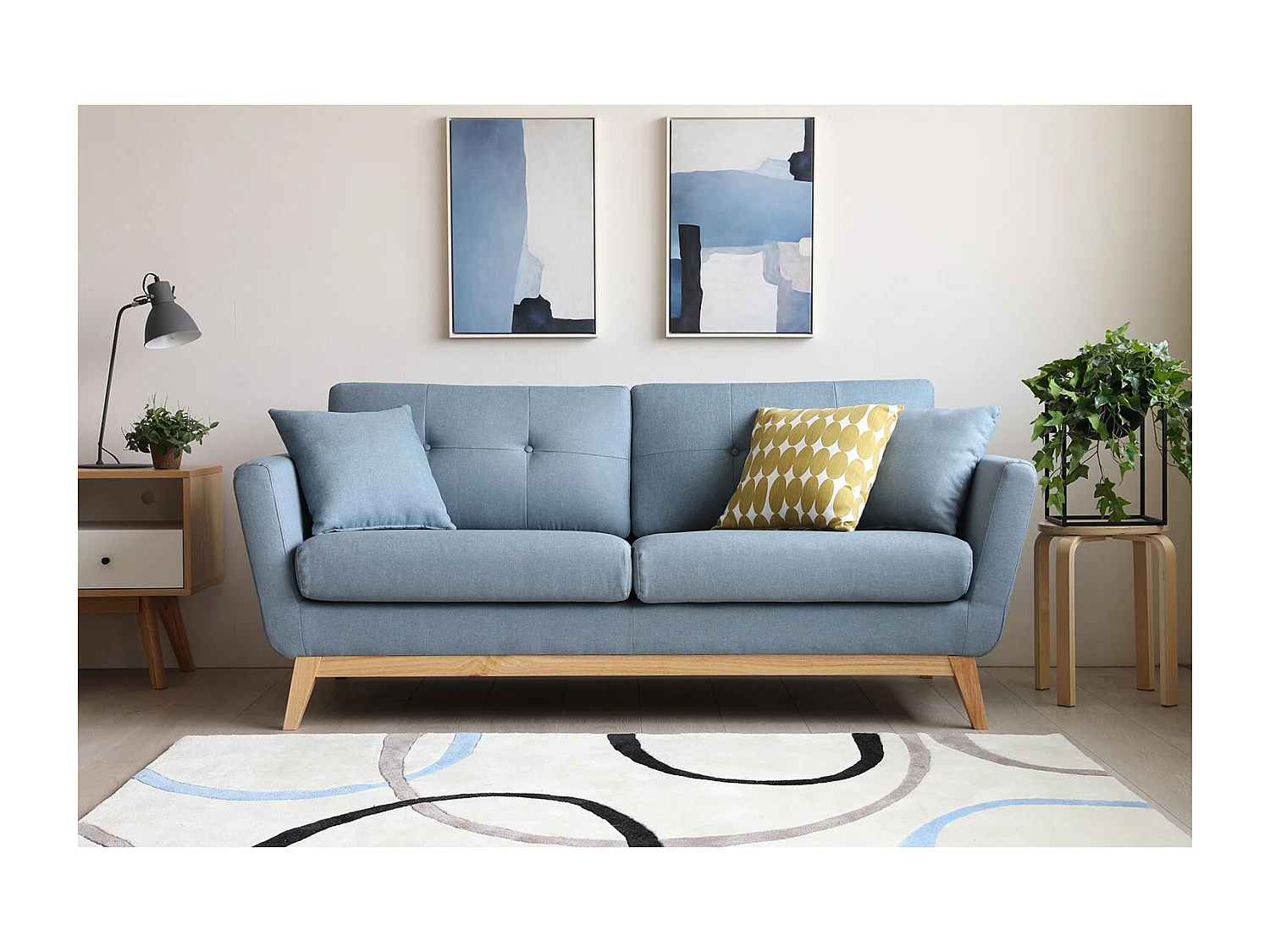 Canapé scandinave 3 places en tissu bleu pastel HOGA