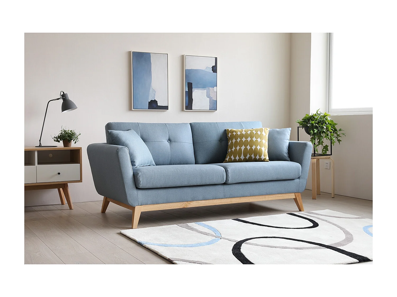 Canapé scandinave 3 places en tissu bleu pastel HOGA