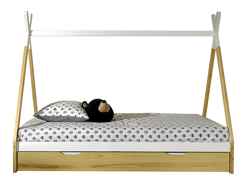 Pack - Lit Enfant & Tiroir "Tipi" 90x200cm Blanc & Naturel