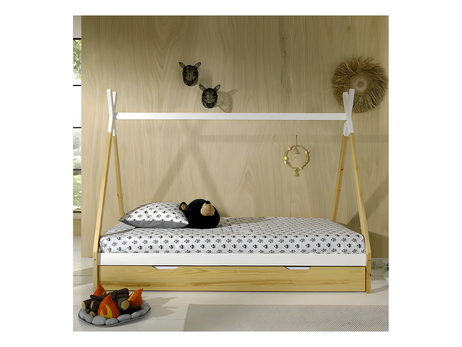 Pack - Lit Enfant & Tiroir "Tipi" 90x200cm Blanc & Naturel