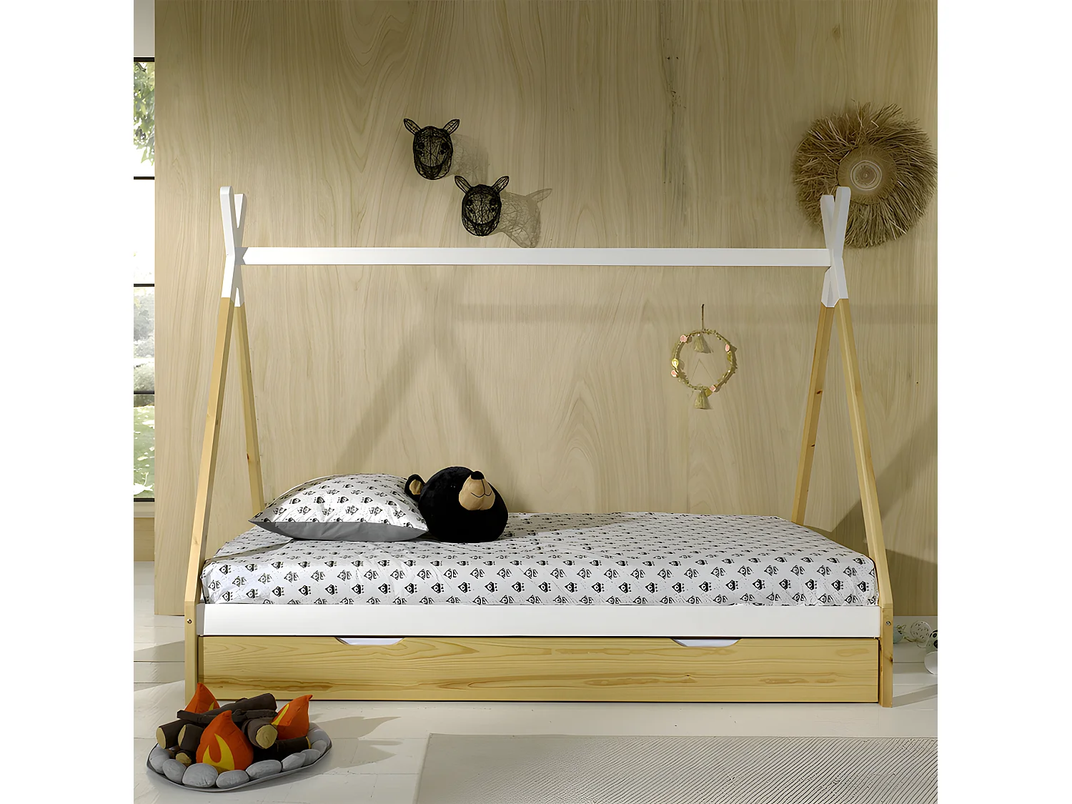 Pack - Lit Enfant & Tiroir "Tipi" 90x200cm Blanc & Naturel