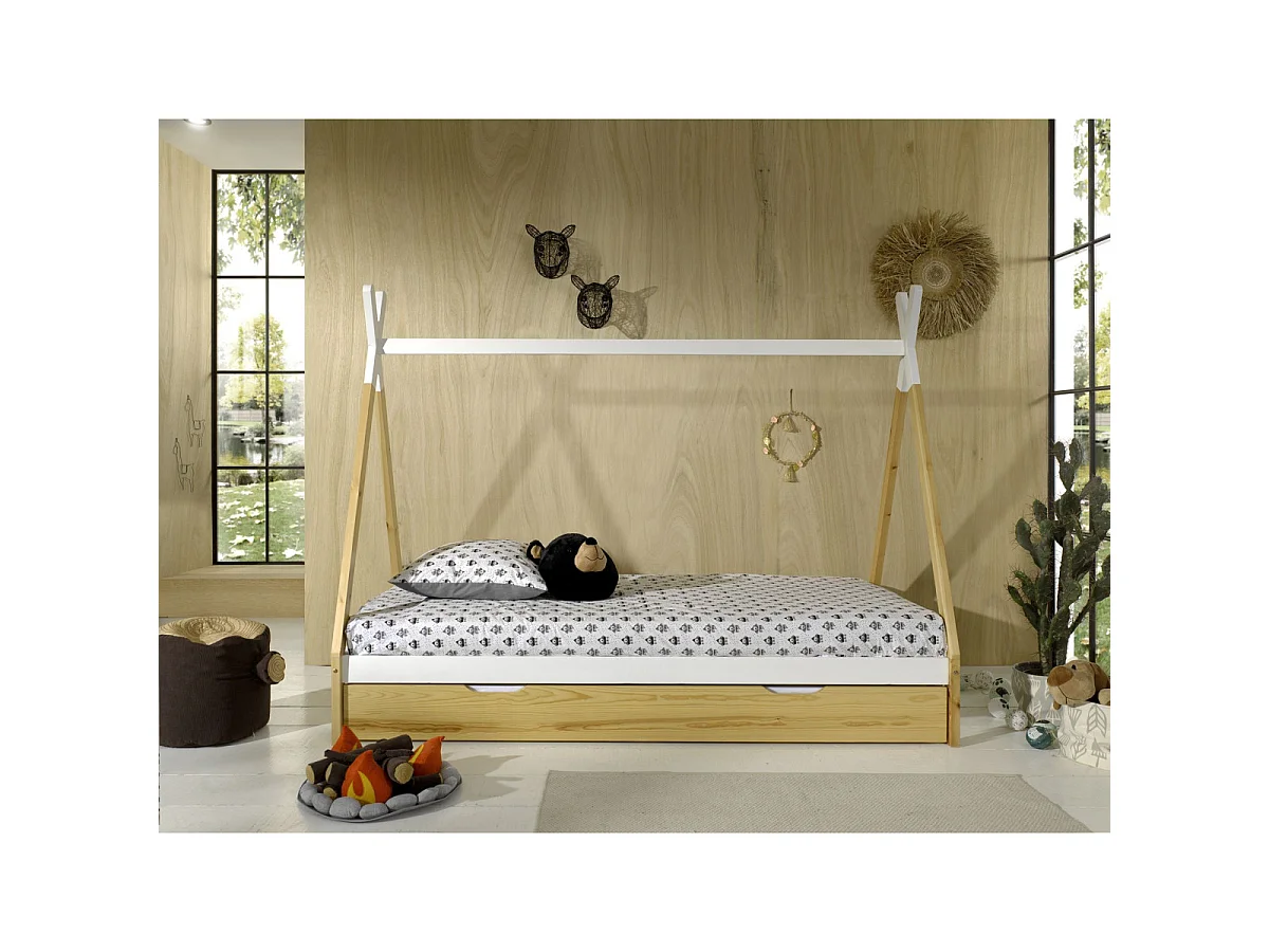Pack - Lit Enfant & Tiroir "Tipi" 90x200cm Blanc & Naturel
