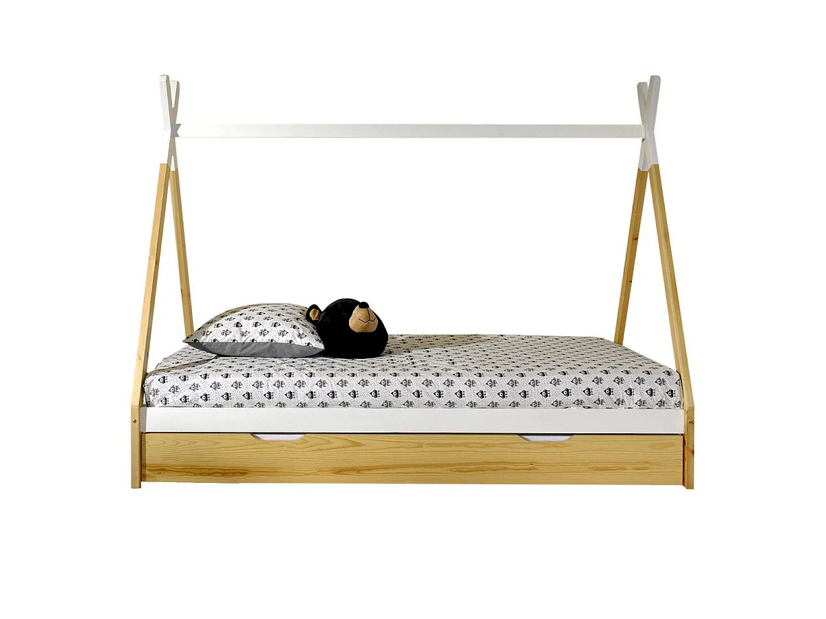Pack - Lit Enfant & Tiroir "Tipi" 90x200cm Blanc & Naturel