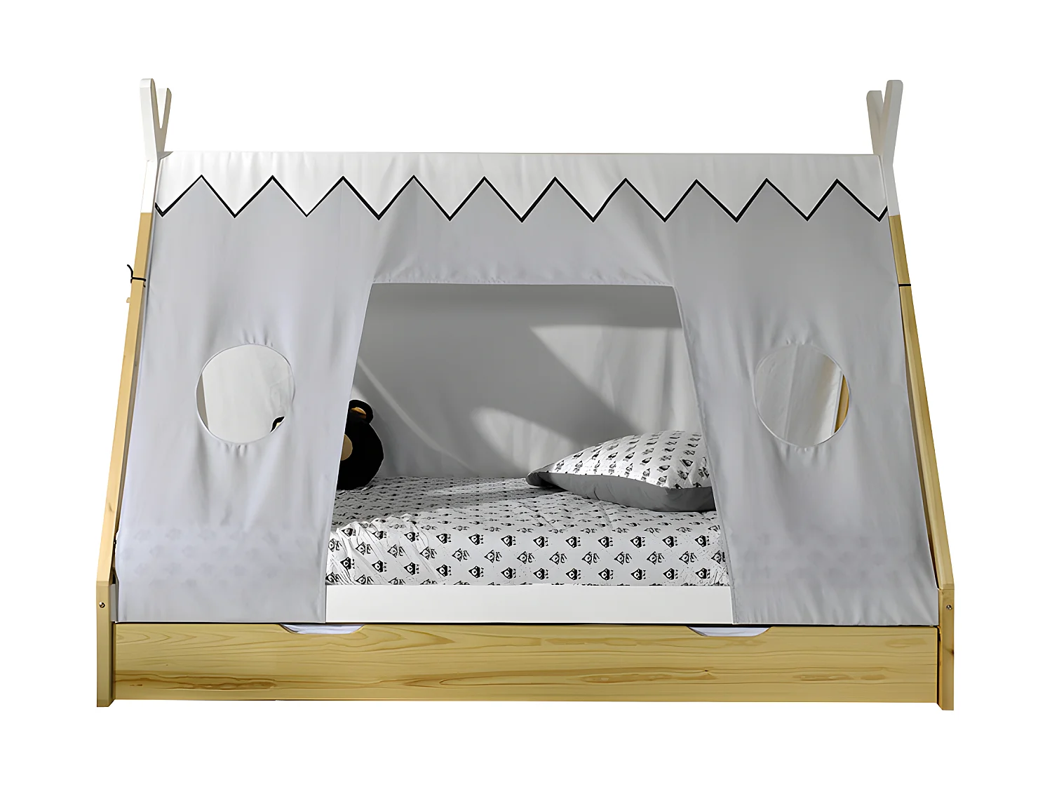Pack - Lit Enfant, Tiroir & Voile "Tipi" 90x200cm Blanc & Naturel