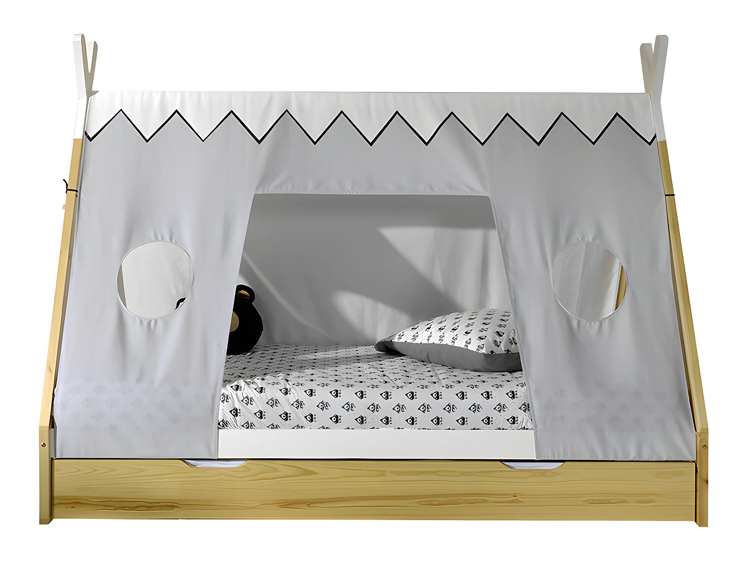 Pack - Lit Enfant, Tiroir & Voile "Tipi" 90x200cm Blanc & Naturel