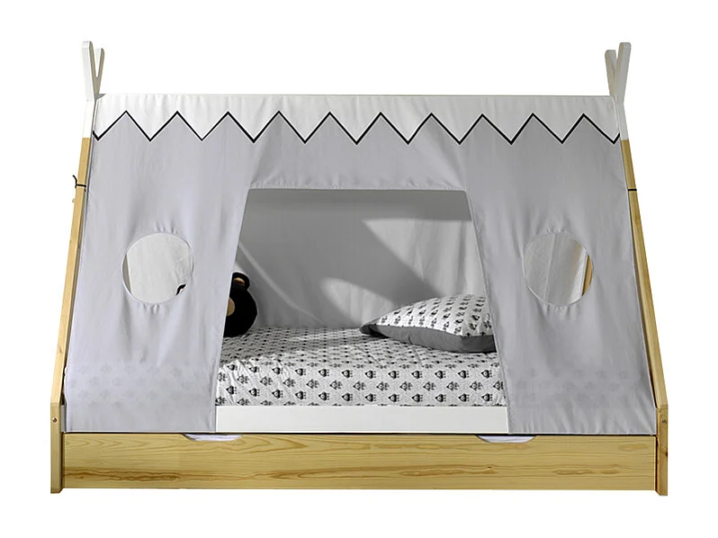 Pack - Lit Enfant, Tiroir & Voile "Tipi" 90x200cm Blanc & Naturel
