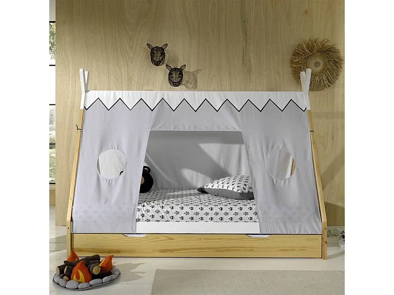 Pack - Lit Enfant, Tiroir & Voile "Tipi" 90x200cm Blanc & Naturel