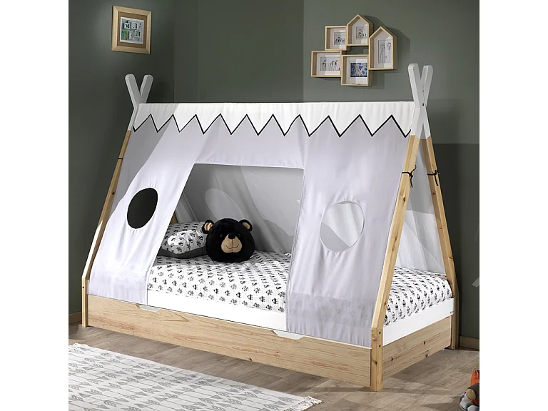 Pack - Lit Enfant, Tiroir & Voile "Tipi" 90x200cm Blanc & Naturel