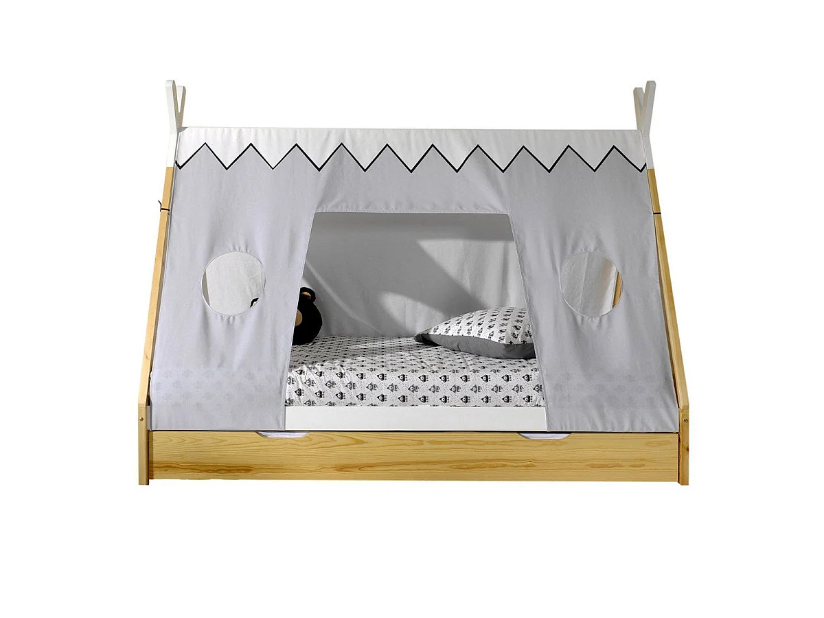 Pack - Lit Enfant, Tiroir & Voile "Tipi" 90x200cm Blanc & Naturel
