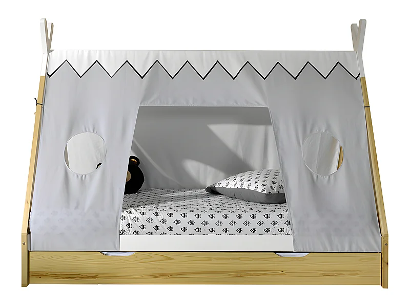 Pack - Lit Enfant, Tiroir & Voile "Tipi" 90x200cm Blanc & Naturel