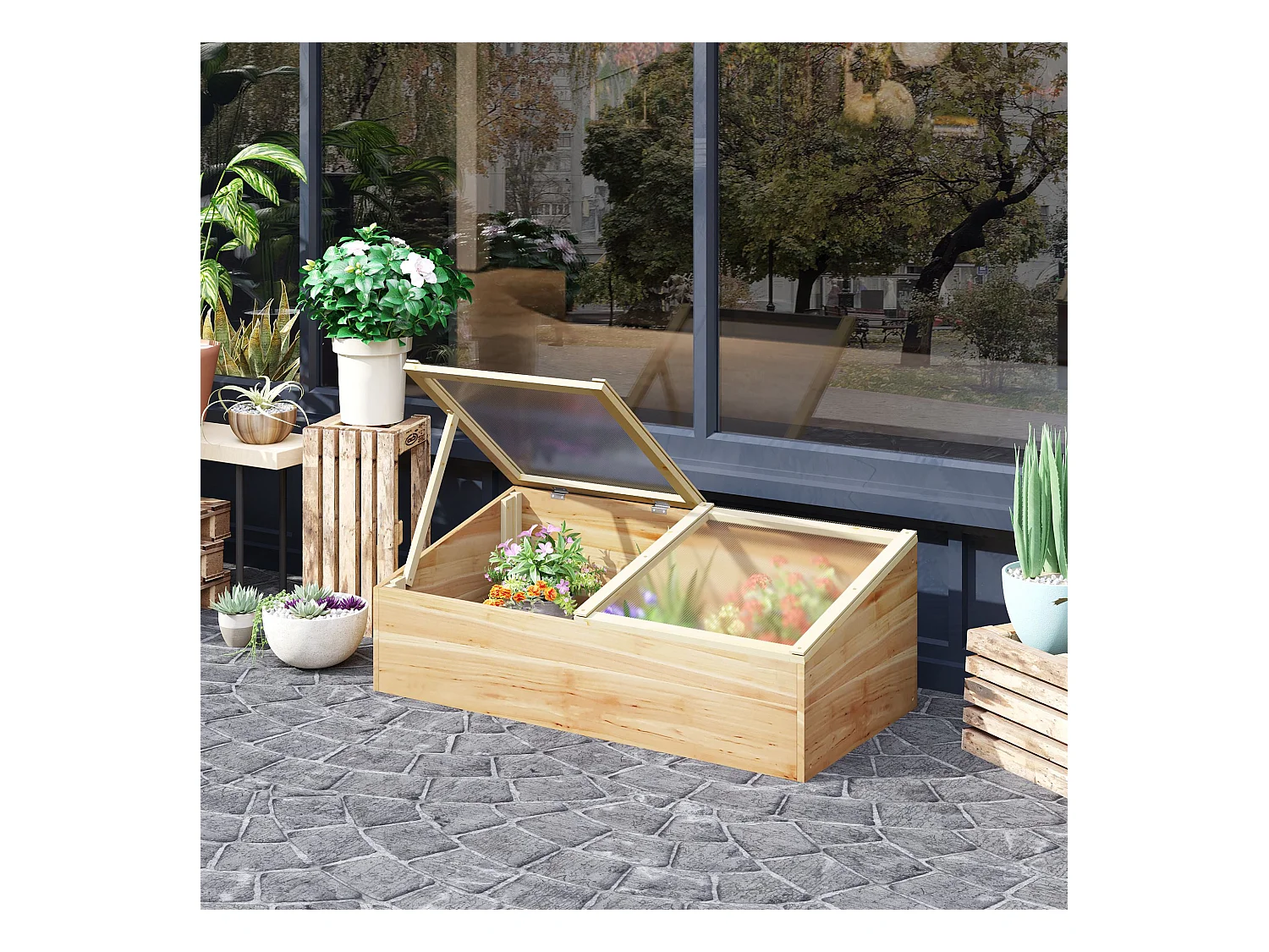 Mini serre de jardin serre pour semis dim. 100L x 50l x 36H cm toit 2 pans ouvrables séparement panneaux de polycarbonate bois sapin pré-huilé