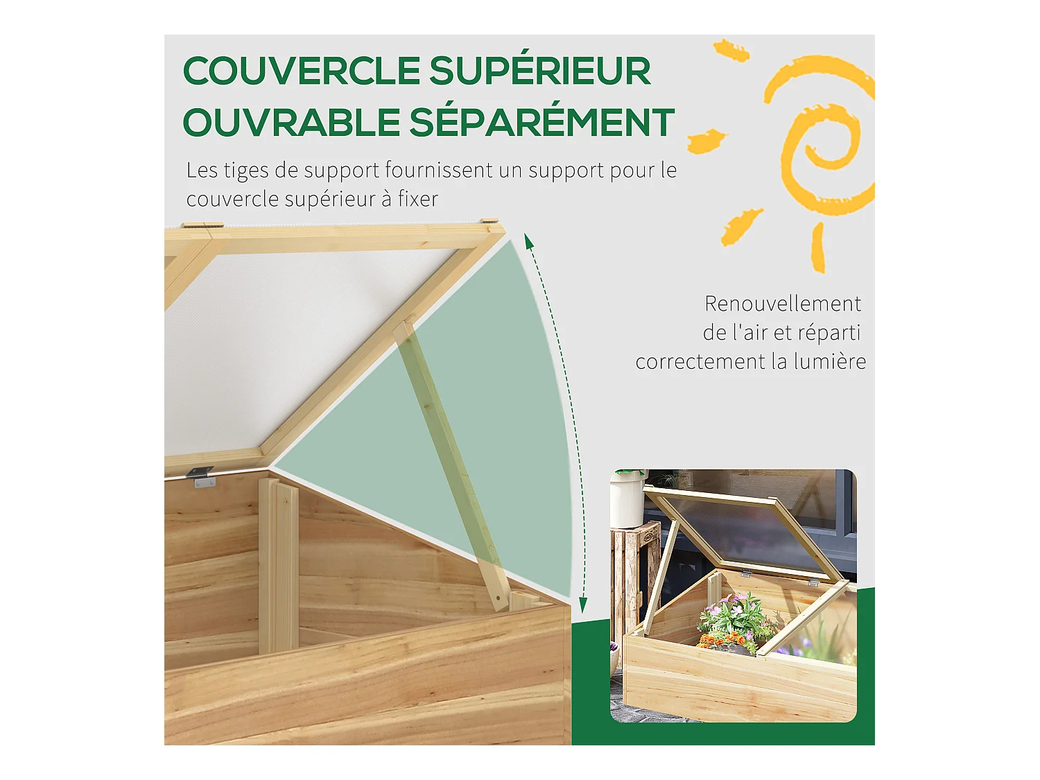 Mini serre de jardin serre pour semis dim. 100L x 50l x 36H cm toit 2 pans ouvrables séparement panneaux de polycarbonate bois sapin pré-huilé