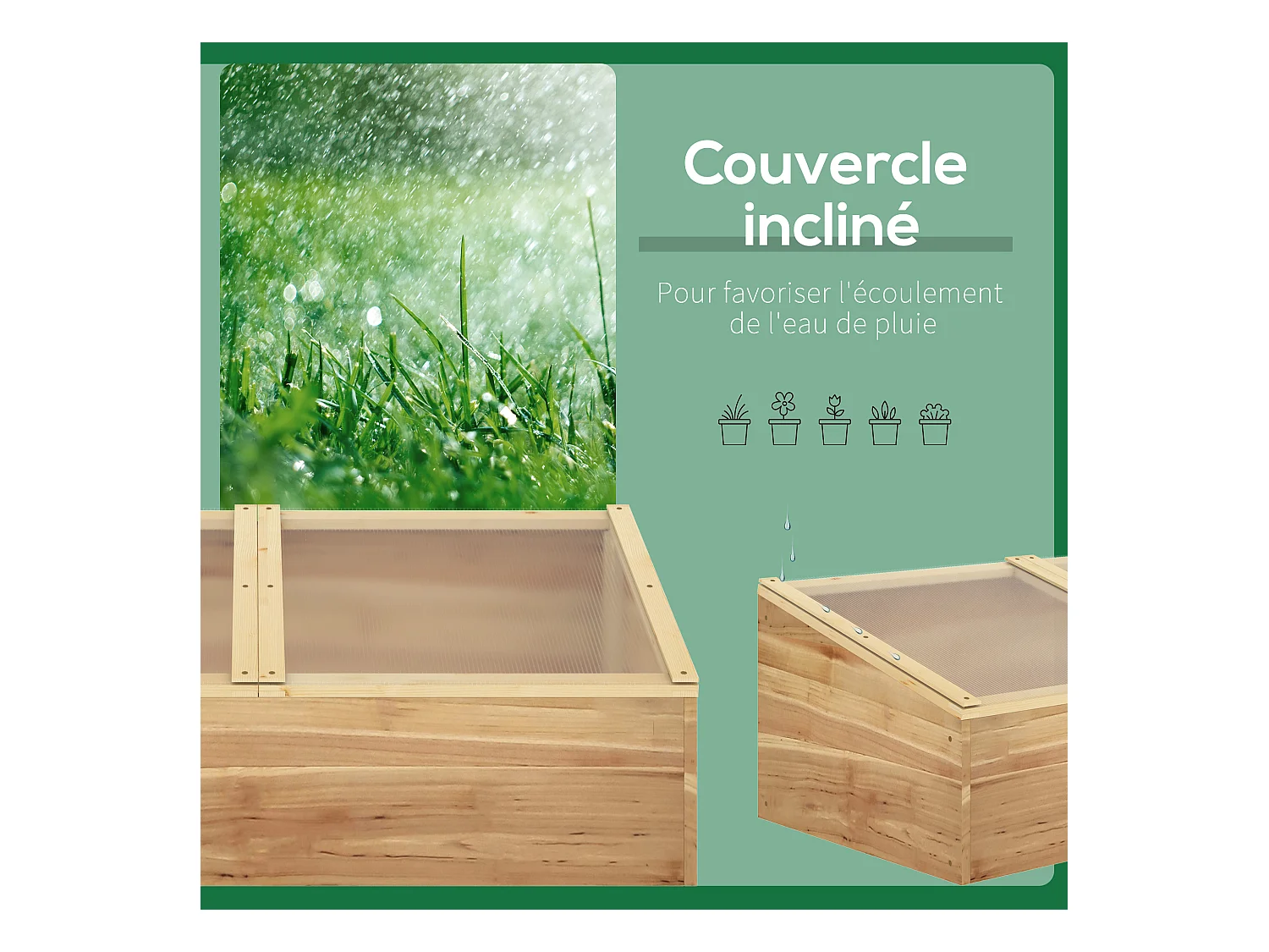 Mini serre de jardin serre pour semis dim. 100L x 50l x 36H cm toit 2 pans ouvrables séparement panneaux de polycarbonate bois sapin pré-huilé