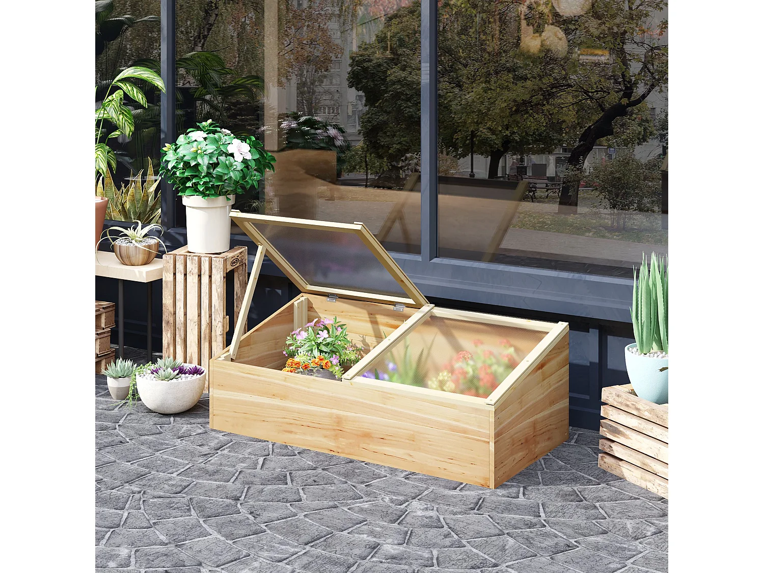 Mini serre de jardin serre pour semis dim. 100L x 50l x 36H cm toit 2 pans ouvrables séparement panneaux de polycarbonate bois sapin pré-huilé