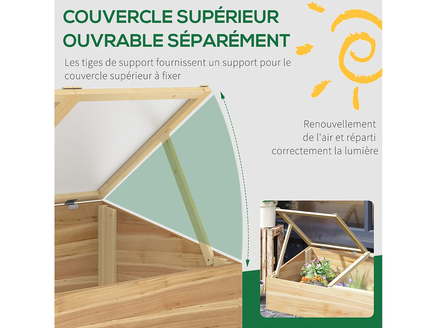 Mini serre de jardin serre pour semis dim. 100L x 50l x 36H cm toit 2 pans ouvrables séparement panneaux de polycarbonate bois sapin pré-huilé
