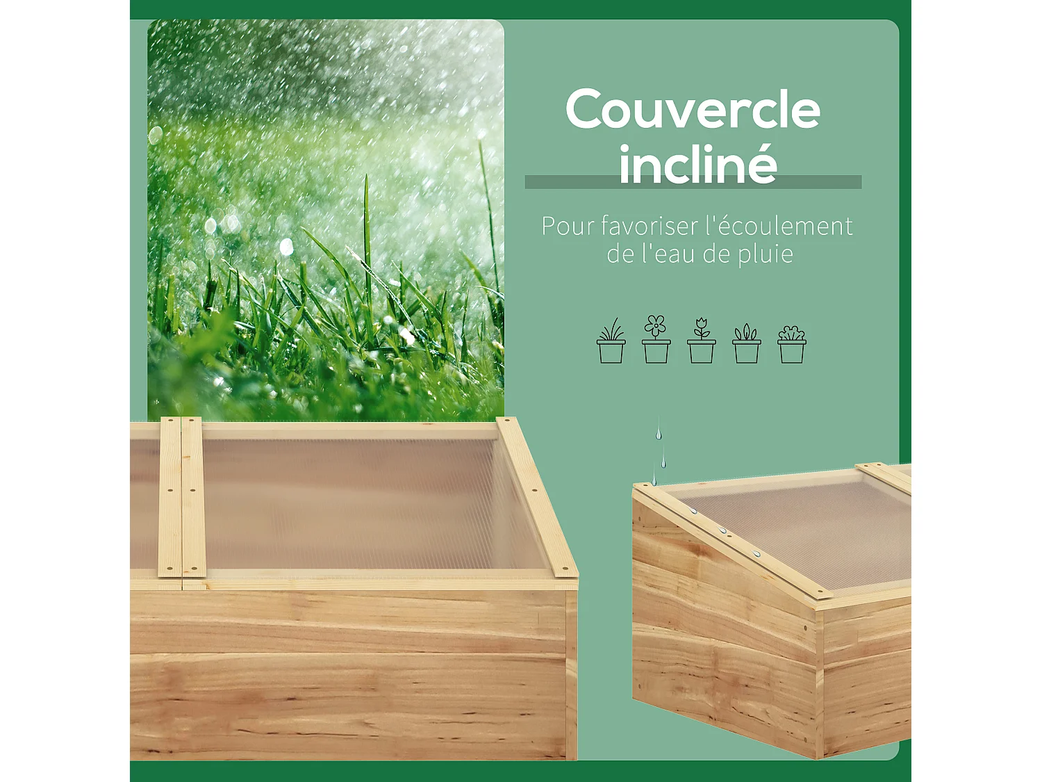 Mini serre de jardin serre pour semis dim. 100L x 50l x 36H cm toit 2 pans ouvrables séparement panneaux de polycarbonate bois sapin pré-huilé