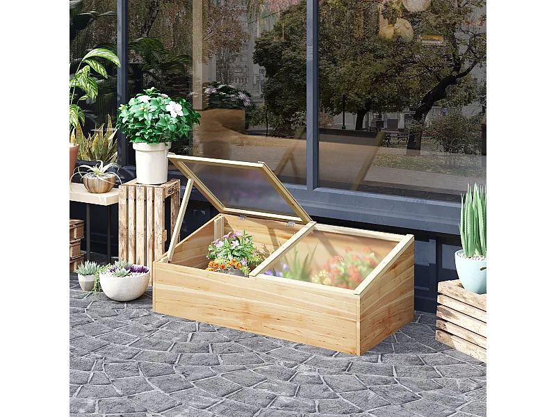 Mini serre de jardin serre pour semis dim. 100L x 50l x 36H cm toit 2 pans ouvrables séparement panneaux de polycarbonate bois sapin pré-huilé