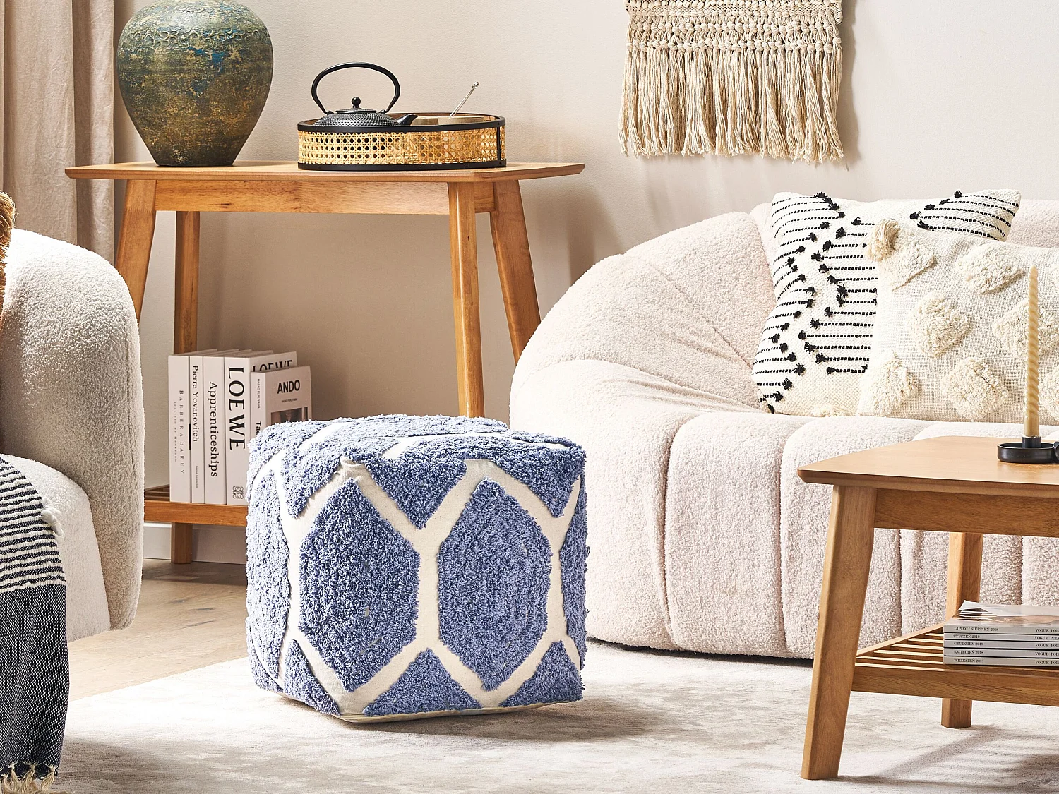 Pouf Baumwolle beige / blau geometrisches Muster strukturiert Boho Rojhan