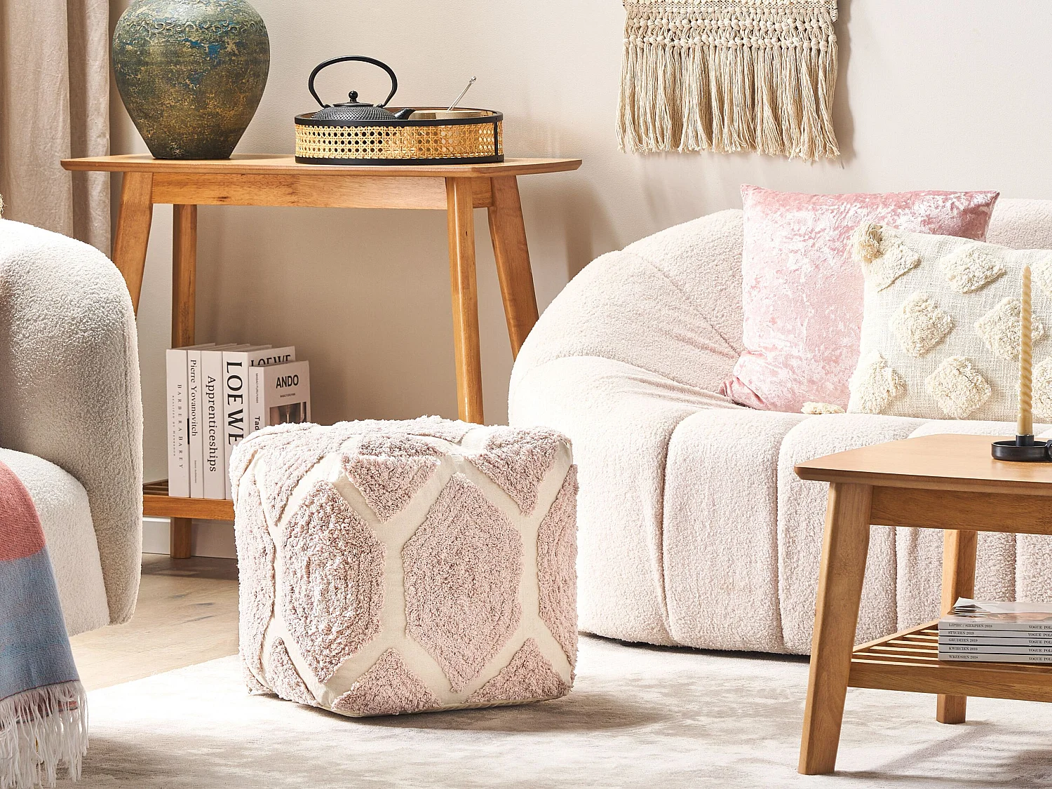 Pouf Baumwolle beige / rosa geometrisches Muster strukturiert Boho Rojhan