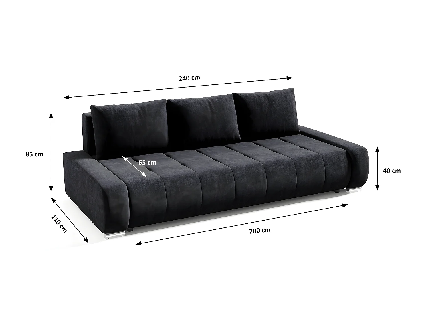 Canapé convertible 3 places avec coffre Jonas Gris anthracite