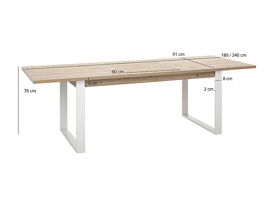 Table extensible 180 à 240 cm décor chêne pieds métal blanc - VERONICA