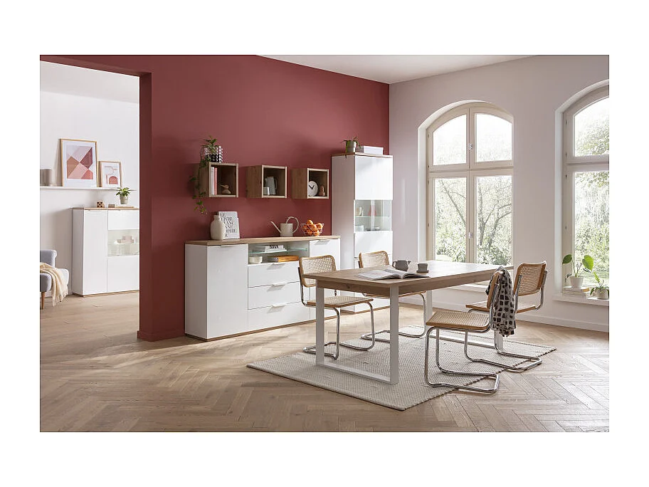 Table extensible 180 à 240 cm décor chêne pieds métal blanc - VERONICA