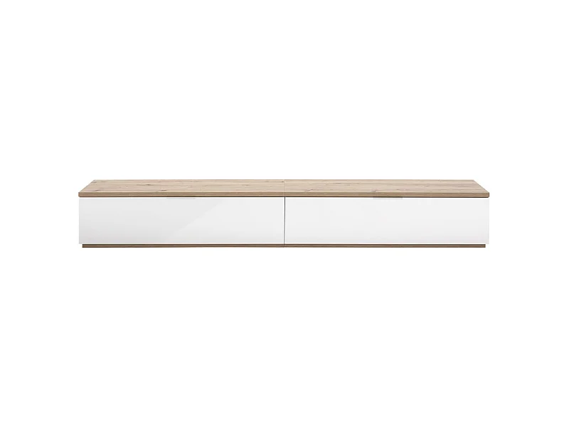 Meuble TV bas 270 cm bas décor chêne texturé et blanc laqué - VERONICA