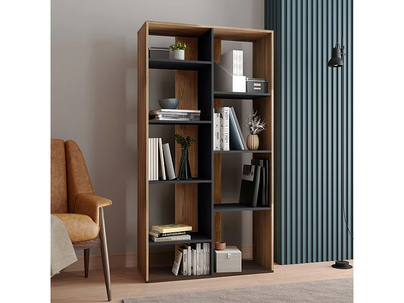 Rayonnage 9 Niches Chêne et Noir 185 cm LINEA