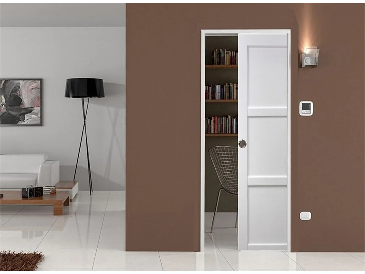 Puerta corredera Korya blanca de 3 paneles H204 x L73 cm, embutida, kit de acabado Gd Menuiseries sin manilla