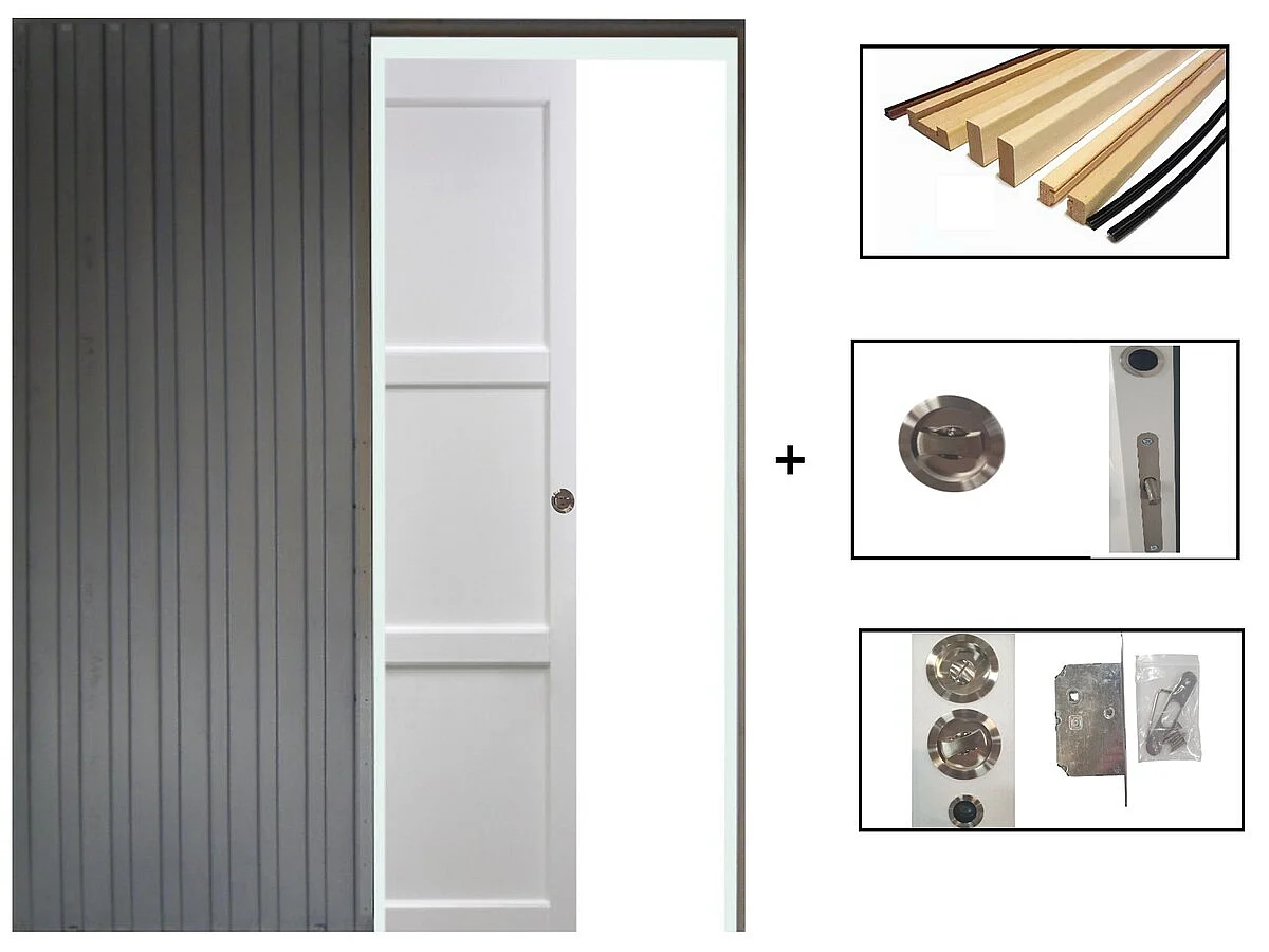 Puerta corredera Korya blanca de 3 paneles H204 x L83 cm, empotrada, kit de acabado Gd Menuiseries sin manilla