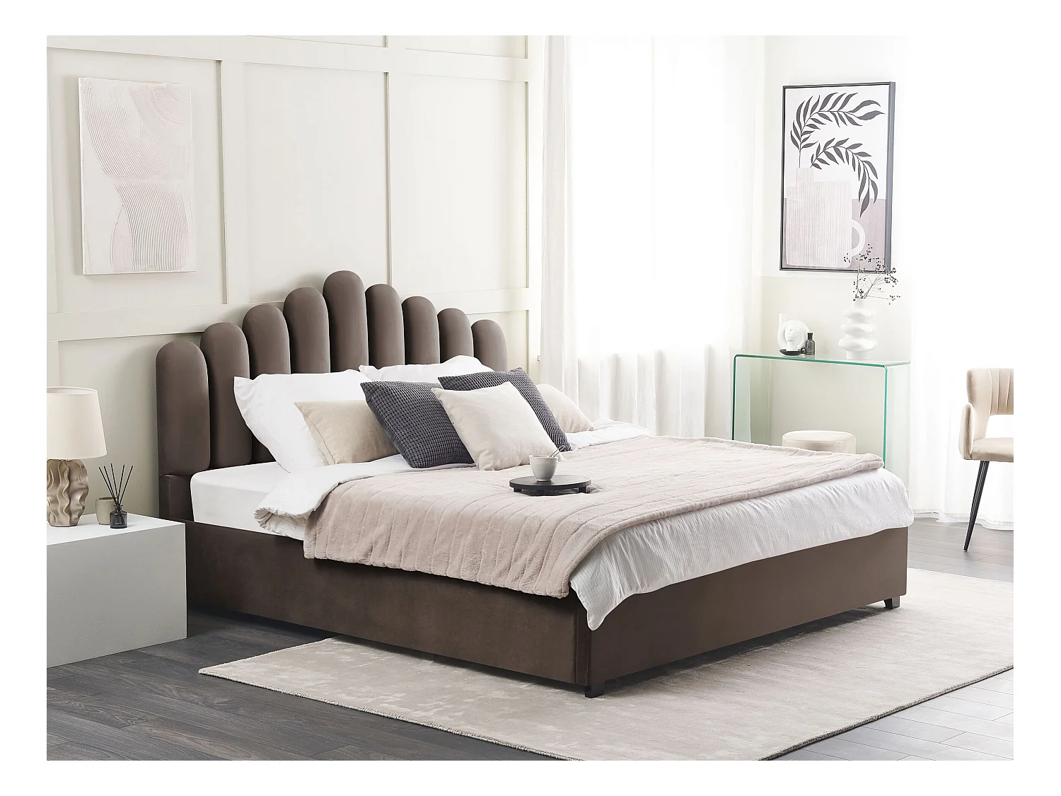 Cama con almacenaje Terciopelo VINCENNES 180 x 200 cm Gris pardo