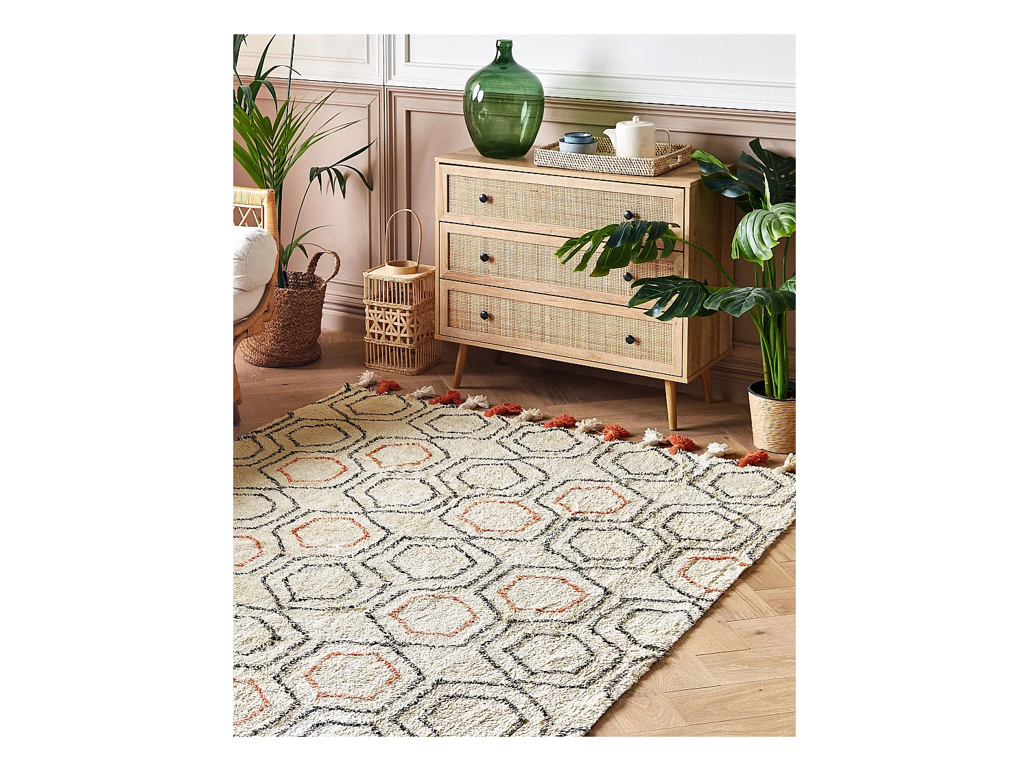 Teppich Baumwolle beige geometrisches Muster mit Quasten 160 x 230 cm Hajipur