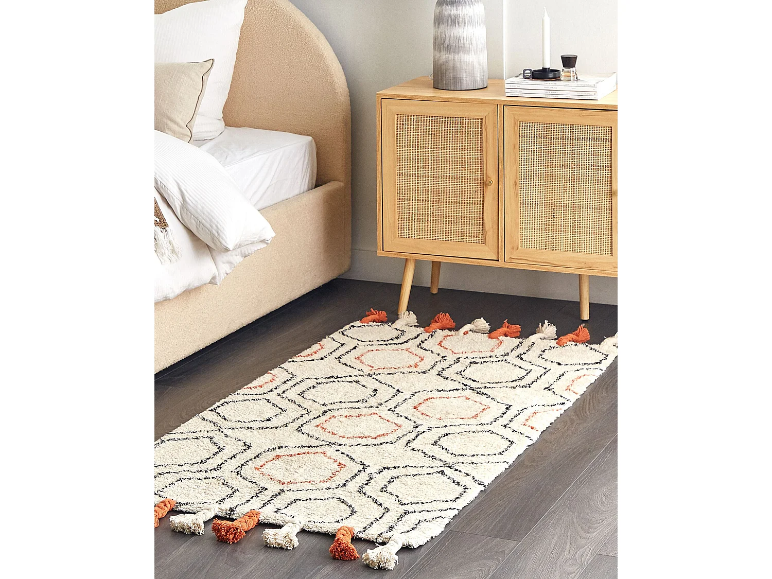 Teppich Läufer Baumwolle beige geometrisches Muster Quasten 80 x 150 cm Hajipur