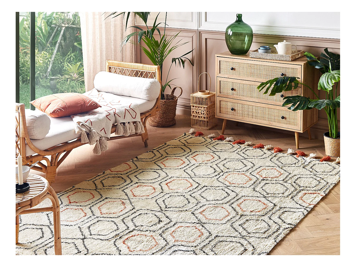 Teppich Baumwolle beige geometrisches Muster mit Quasten 140 x 200 cm Hajipur