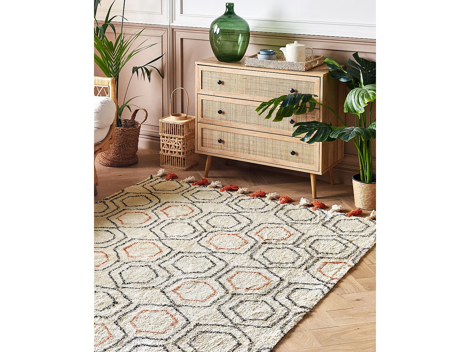 Teppich Baumwolle beige geometrisches Muster mit Quasten 140 x 200 cm Hajipur