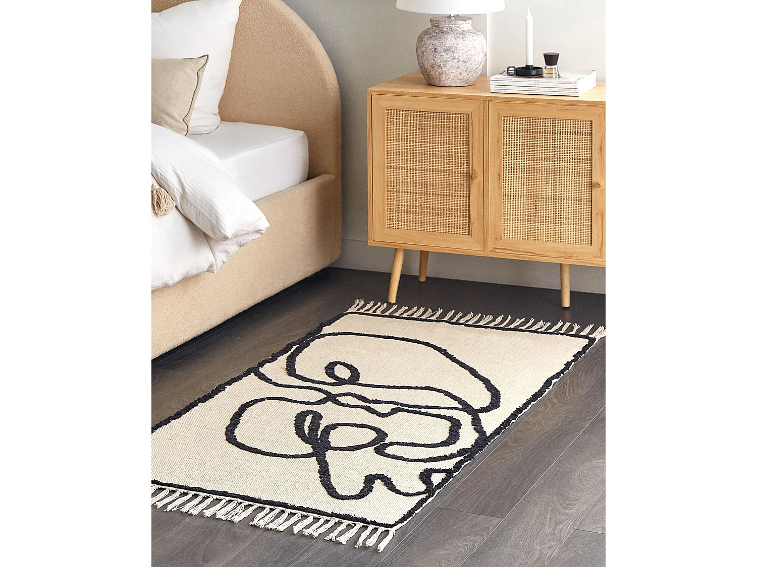 Teppich Baumwolle beige / schwarz 80 x 150 cm Gesichtsmotiv Kurzflor KONUR