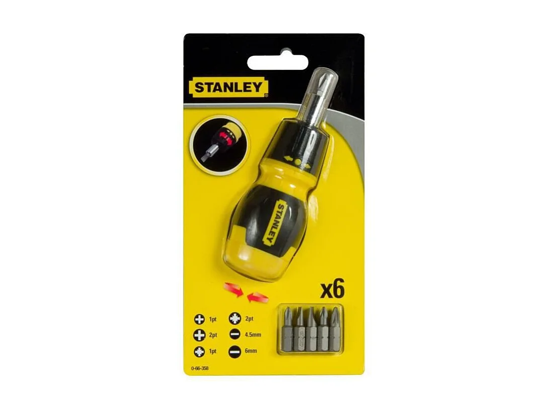 Stanley Ratschen-Schraubendreher mit 6 Magnetischen Bits und Integriertem Behälter